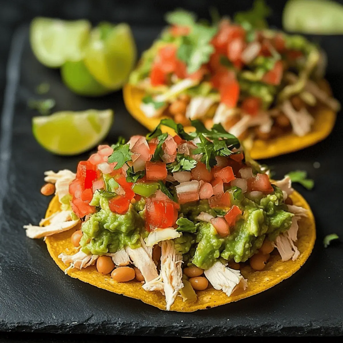 Chicken, Guacamole and Bean Tostadas