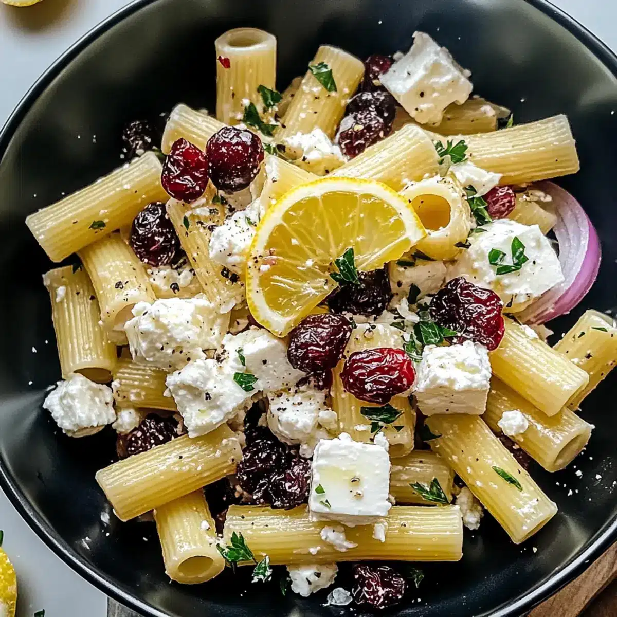 Feta & Cranberry Rigatoni Salad with Lemon Vinaigrette